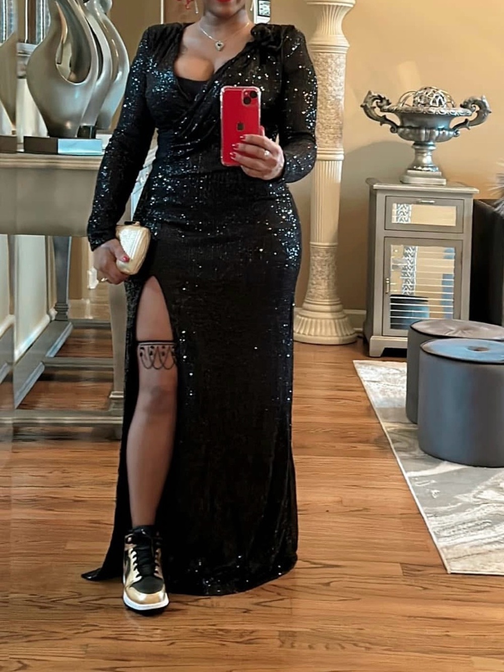 Black Sequin Long Sleeve Evening Gown with Side Slit — Women Dresses